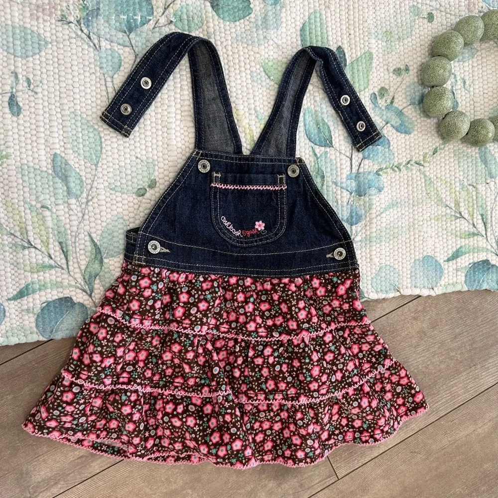 Vintage OshKosh B’Gosh Baby Girl Denim and Floral Pink Overalls Dress Like New